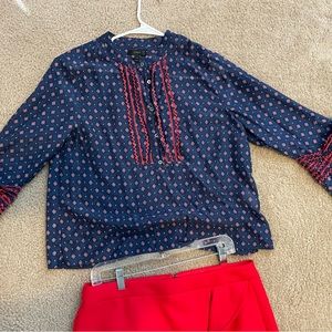 JCrew navy with red detail bell sleeve lightweight shirt.